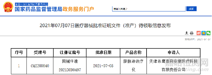 鹰泰利安康“陡脉冲治疗仪”获NMPA批准上市